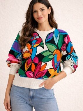 Vintage 1980 Colorful Parrot Floral Crewneck Sweater - Multicolor